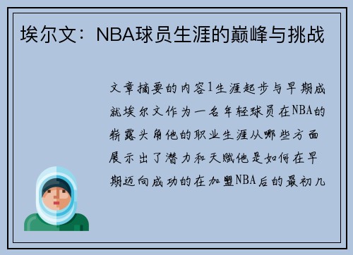 埃尔文：NBA球员生涯的巅峰与挑战